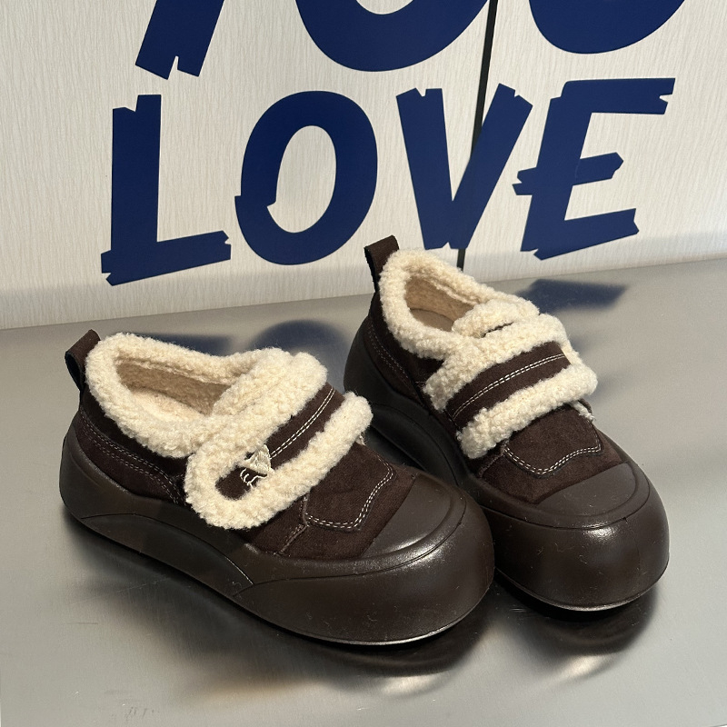 Ženske zimske pamučne cipele s Velcro zatvaračem i plišastom podstavkom (Vanjski materijal: umjetna PU; Unutarnji materijal: umjetni kratki pliš; Potplat: guma; Zatvaranje: Velcro; Oblik pete: ploska)