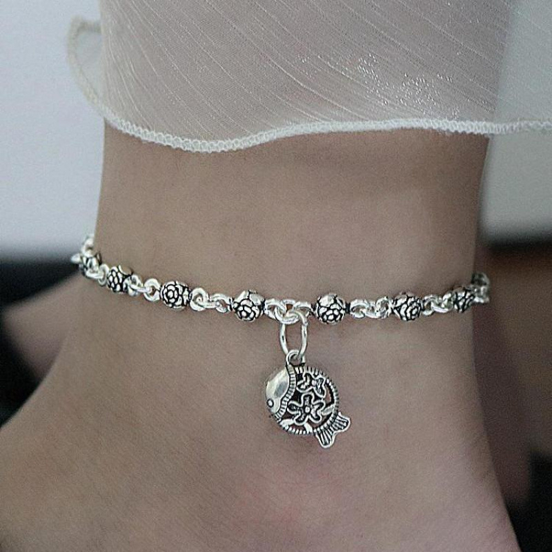 Srebro anklet s zvončićima, motiv ruže, retro etnički stil, stil za parove