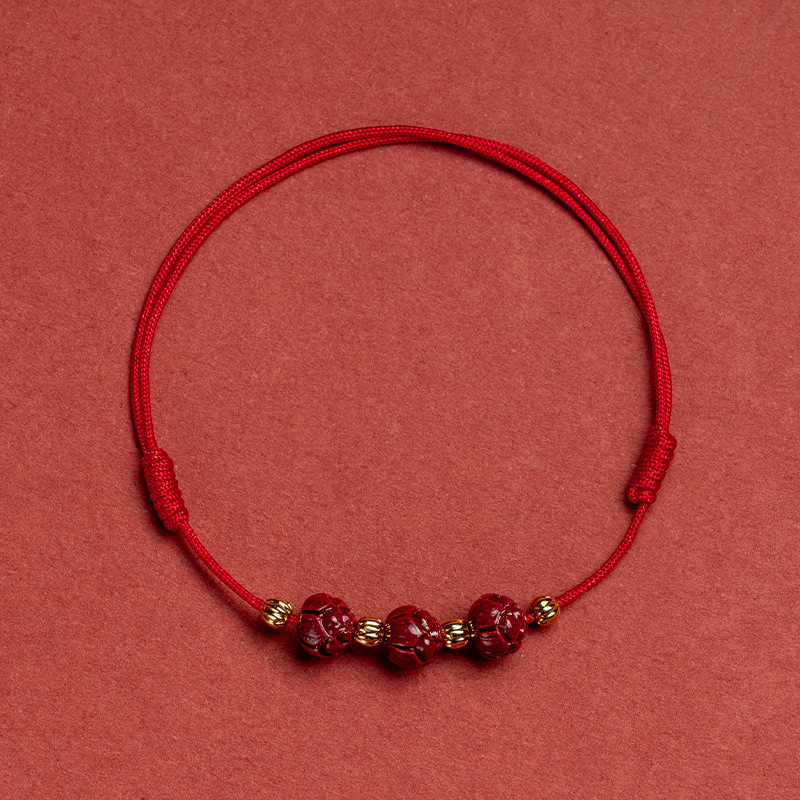 Anklet s cinnabar lotosom, pleteni konac, podesiva duljina, retro stil