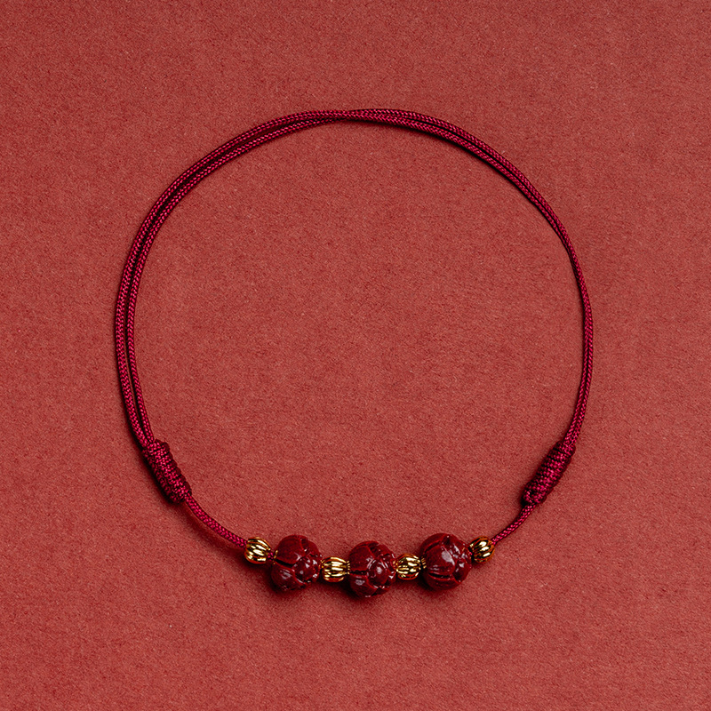 Anklet s cinnabar lotosom, pleteni konac, podesiva duljina, retro stil