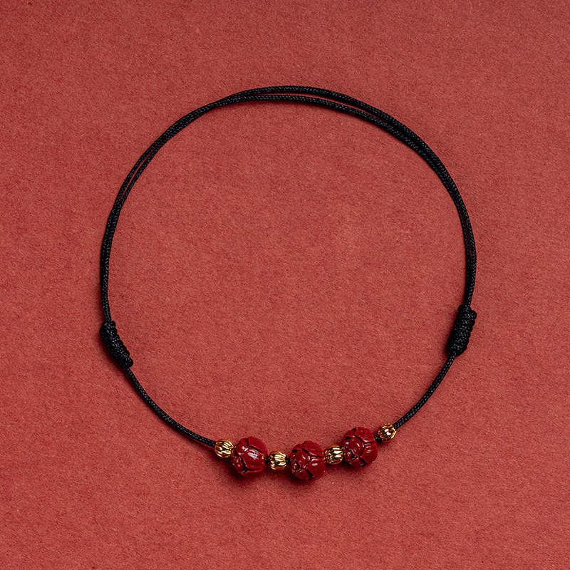 Anklet s cinnabar lotosom, pleteni konac, podesiva duljina, retro stil