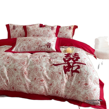 Tikitud pulma voodipesu komplekt, neljaosaline, polüester, triibuline muster, reaktiivne trükk ja värvimine