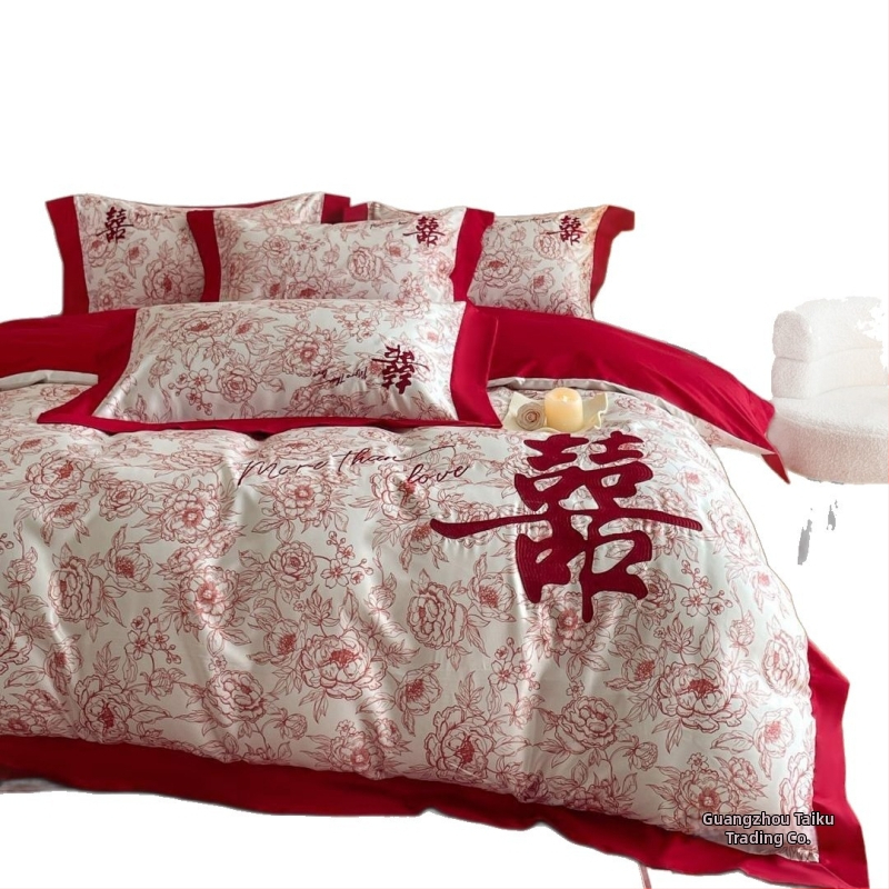 Tikitud pulma voodipesu komplekt, neljaosaline, polüester, triibuline muster, reaktiivne trükk ja värvimine