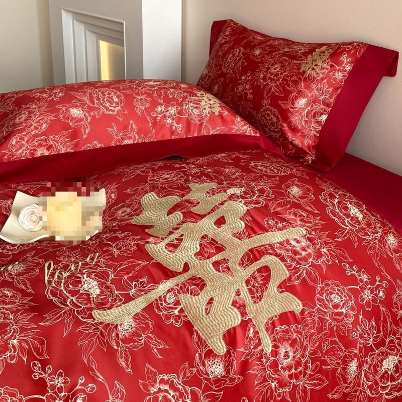 Tikitud pulma voodipesu komplekt, neljaosaline, polüester, triibuline muster, reaktiivne trükk ja värvimine