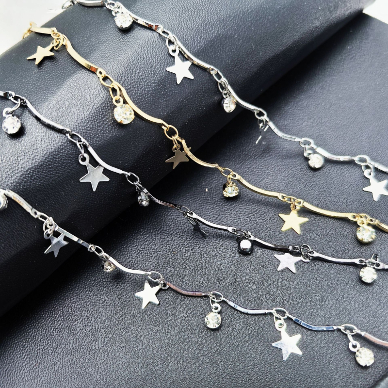 Lánc pentagonális csillag köves medállal — kézi munka, réz, elektroplakálás, DIY ékszer alapanyag