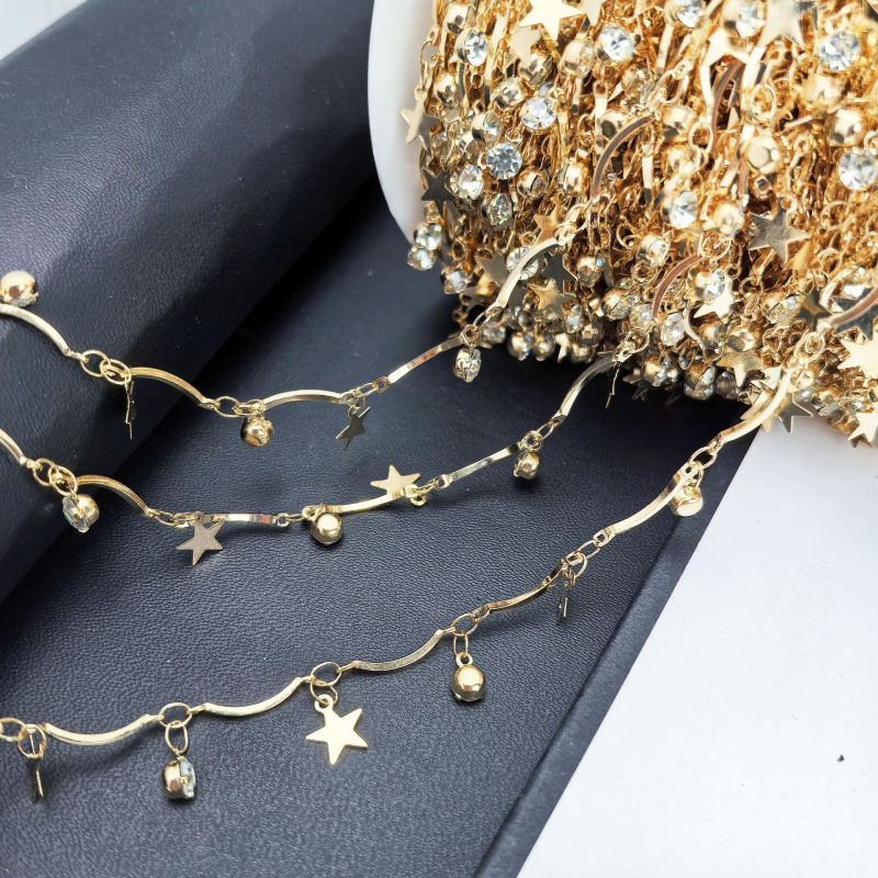 Lánc pentagonális csillag köves medállal — kézi munka, réz, elektroplakálás, DIY ékszer alapanyag