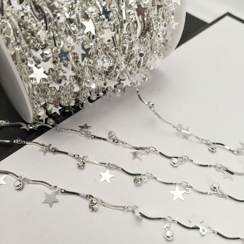 Lánc pentagonális csillag köves medállal — kézi munka, réz, elektroplakálás, DIY ékszer alapanyag