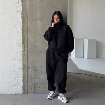 Ženski set uličnog stila: hoodie i hlače, jedinstven jednobojni dizajn, pulover s djelomičnim kopčanjem, dugi rukavi, 95% poliester