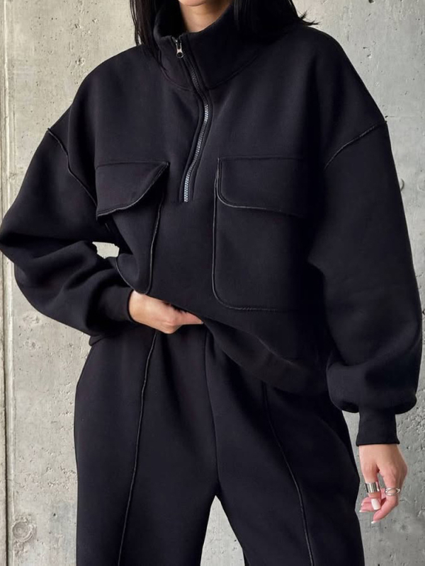 Ženski set uličnog stila: hoodie i hlače, jedinstven jednobojni dizajn, pulover s djelomičnim kopčanjem, dugi rukavi, 95% poliester