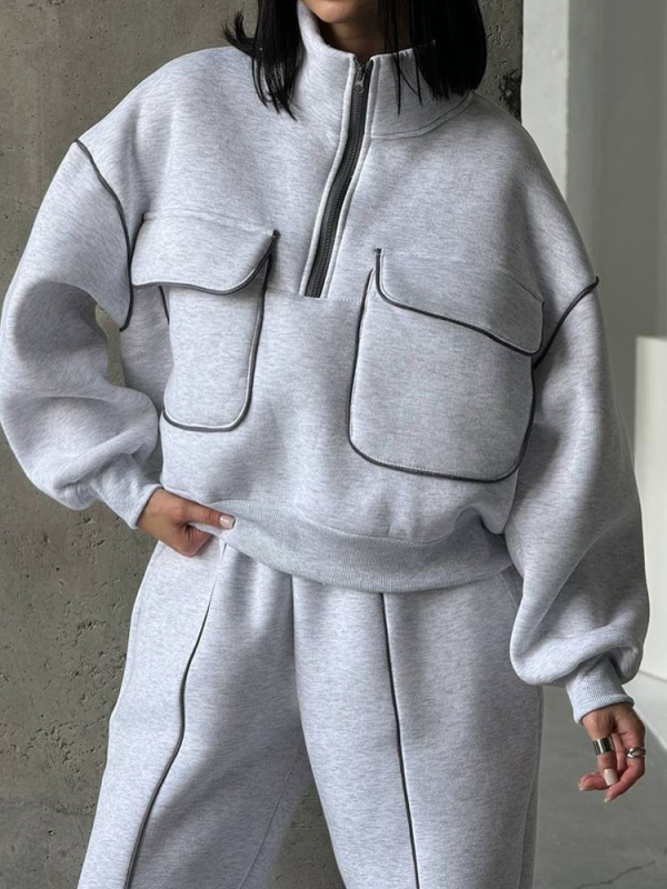Ženski set uličnog stila: hoodie i hlače, jedinstven jednobojni dizajn, pulover s djelomičnim kopčanjem, dugi rukavi, 95% poliester