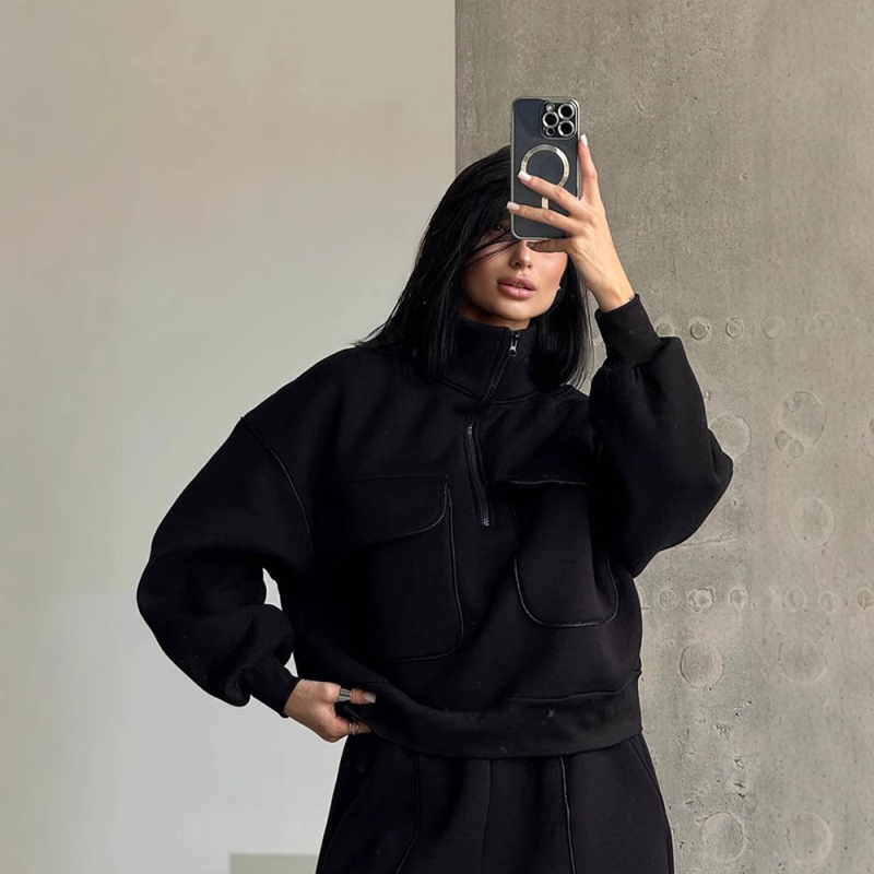 Ženski set uličnog stila: hoodie i hlače, jedinstven jednobojni dizajn, pulover s djelomičnim kopčanjem, dugi rukavi, 95% poliester