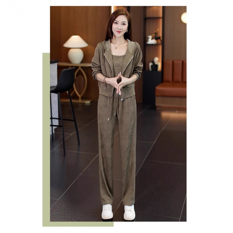 Ženski trodijelni hlačni kostim s detaljem panela šivanja, jesen 2024, poliester