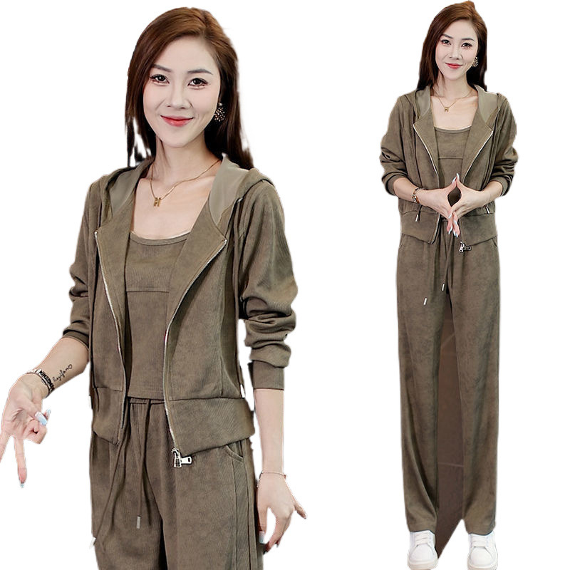 Ženski trodijelni hlačni kostim s detaljem panela šivanja, jesen 2024, poliester