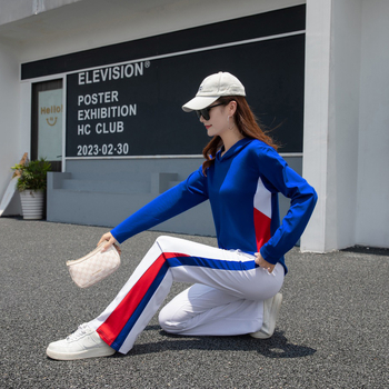 Ženski kapuljačasti kostim za kvadratni ples — boja-slagani sportski komplet, Lyocell (Tencel) 50–70% i Spandex <30%, dugi rukavi, hlačni komplet, jesen 2023