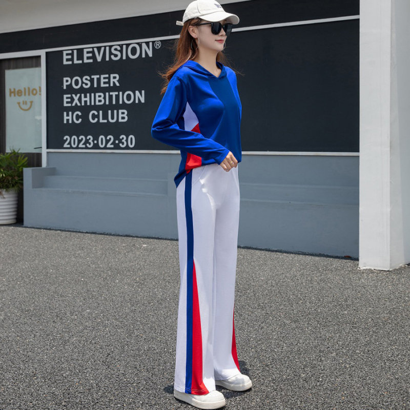 Ženski kapuljačasti kostim za kvadratni ples — boja-slagani sportski komplet, Lyocell (Tencel) 50–70% i Spandex <30%, dugi rukavi, hlačni komplet, jesen 2023