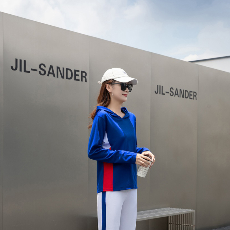 Ženski kapuljačasti kostim za kvadratni ples — boja-slagani sportski komplet, Lyocell (Tencel) 50–70% i Spandex <30%, dugi rukavi, hlačni komplet, jesen 2023