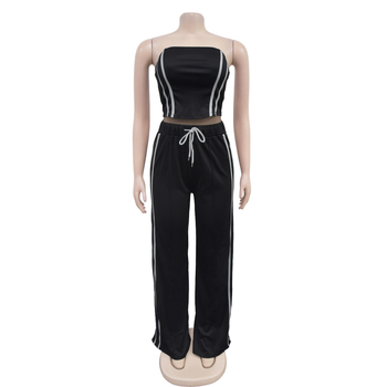 Dva dijela ženski set: bezruka gornji i široke hlače, uzorak color blocking, poliester, glavni materijal 80–90%, zapadni street stil, ženski casual kostim, jesen 2024