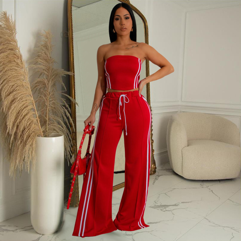 Dva dijela ženski set: bezruka gornji i široke hlače, uzorak color blocking, poliester, glavni materijal 80–90%, zapadni street stil, ženski casual kostim, jesen 2024