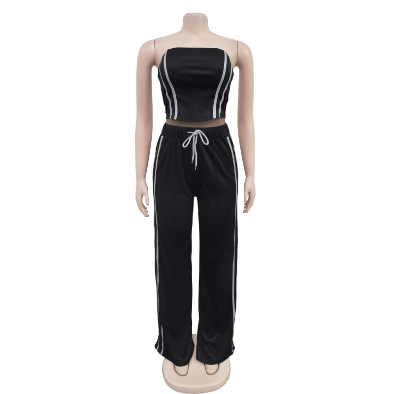 Dva dijela ženski set: bezruka gornji i široke hlače, uzorak color blocking, poliester, glavni materijal 80–90%, zapadni street stil, ženski casual kostim, jesen 2024