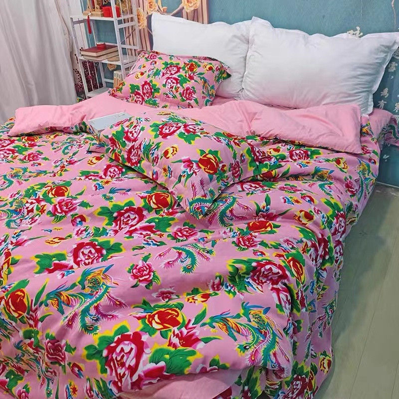 Trojdielna súprava posteľnej bielizne s motívom pivónie, kvetinový vzor, rovné tkanie, reaktívne tlač a farbenie, polyester