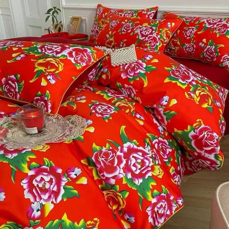 Trojdielna súprava posteľnej bielizne s motívom pivónie, kvetinový vzor, rovné tkanie, reaktívne tlač a farbenie, polyester