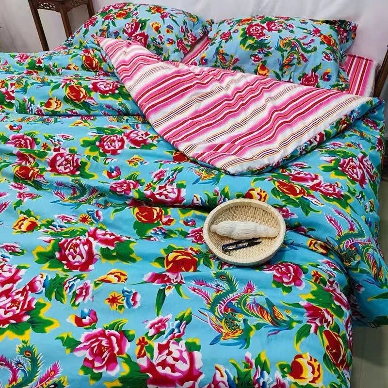 Trojdielna súprava posteľnej bielizne s motívom pivónie, kvetinový vzor, rovné tkanie, reaktívne tlač a farbenie, polyester