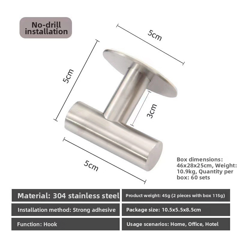 304 rozsdamentes acélból készült ruhafogas, falra szerelhető, fúrás nélkül, fürdőszobai használatra, modern, egyszerű stílus, 45 g