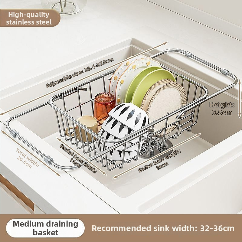 Roostevabast terasest nõudepesukorv kraanikausi jaoks, laiendatav, seinale monteeritav, liikuv, paigalduseta