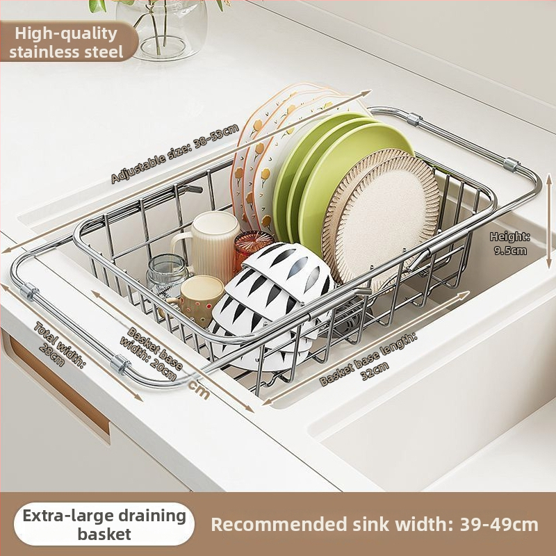 Roostevabast terasest nõudepesukorv kraanikausi jaoks, laiendatav, seinale monteeritav, liikuv, paigalduseta