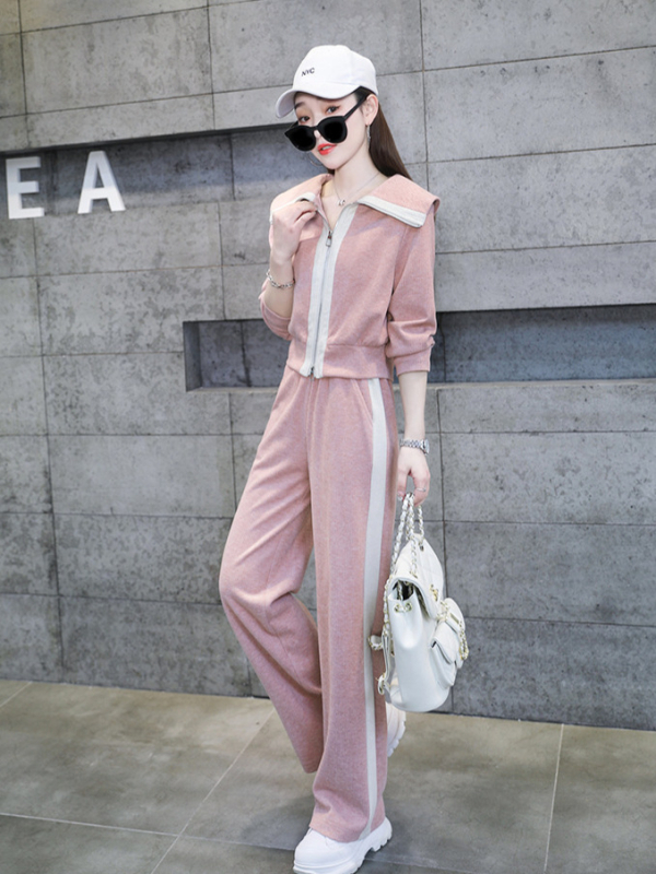 Costum din două piese pentru femei, sport casual, mâneci lungi, pantaloni largi, cusături patchwork, poliester, primăvara 2023