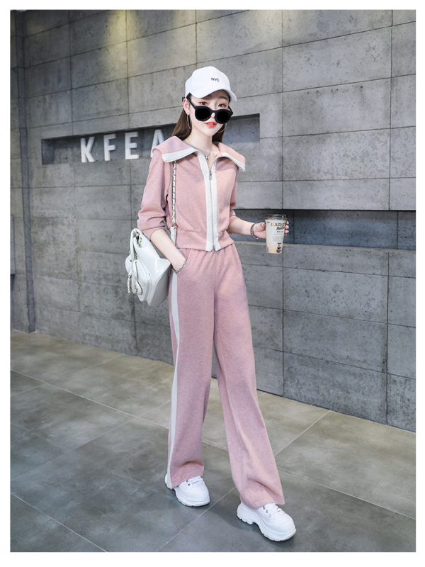 Costum din două piese pentru femei, sport casual, mâneci lungi, pantaloni largi, cusături patchwork, poliester, primăvara 2023