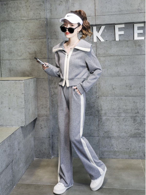 Costum din două piese pentru femei, sport casual, mâneci lungi, pantaloni largi, cusături patchwork, poliester, primăvara 2023