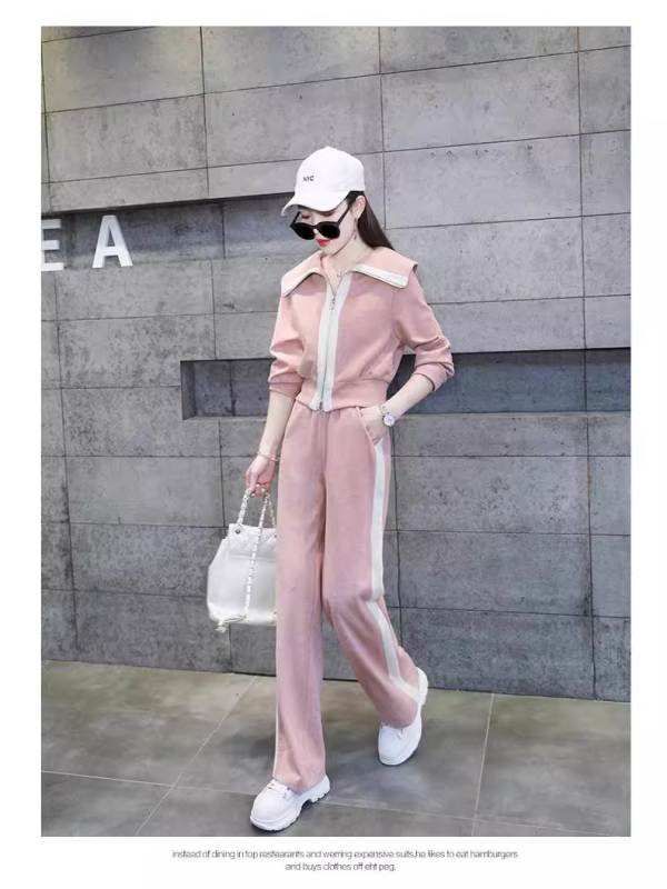 Costum din două piese pentru femei, sport casual, mâneci lungi, pantaloni largi, cusături patchwork, poliester, primăvara 2023