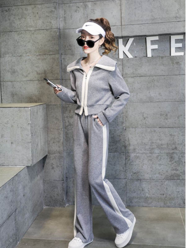 Costum din două piese pentru femei, sport casual, mâneci lungi, pantaloni largi, cusături patchwork, poliester, primăvara 2023