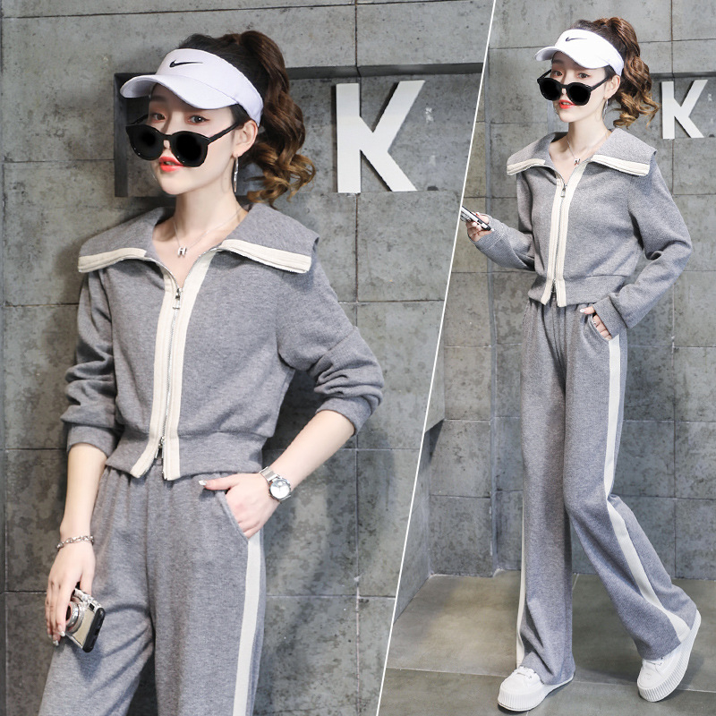 Costum din două piese pentru femei, sport casual, mâneci lungi, pantaloni largi, cusături patchwork, poliester, primăvara 2023