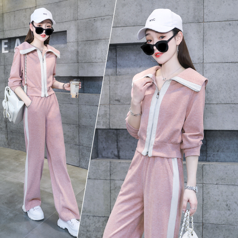 Costum din două piese pentru femei, sport casual, mâneci lungi, pantaloni largi, cusături patchwork, poliester, primăvara 2023