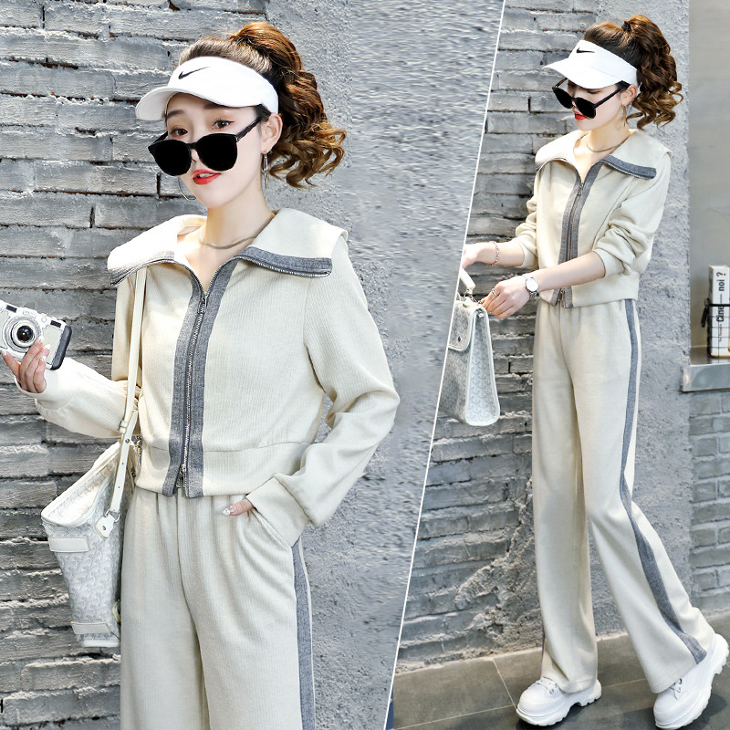 Costum din două piese pentru femei, sport casual, mâneci lungi, pantaloni largi, cusături patchwork, poliester, primăvara 2023