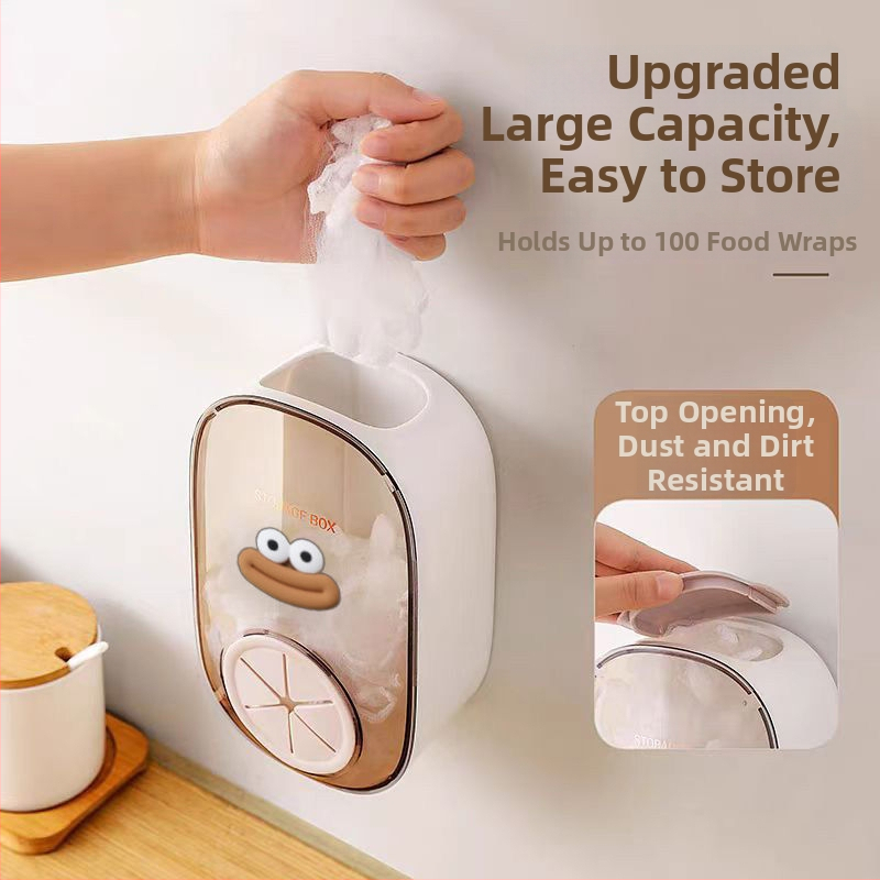 Stenā piestiprināama plastmasas foliju uzglabāšanas kastīte virtuvē — bez urbuma, karikatūras raksts, uzglabāšana