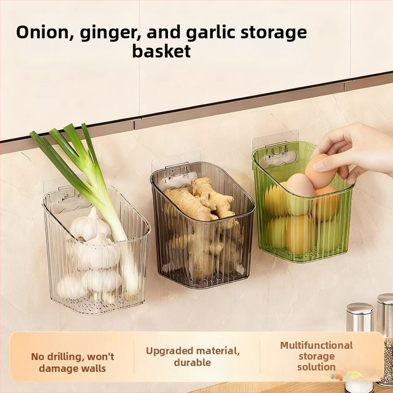 Seinaline hoiukorv sibula, ingveri ja küüslaugu jaoks, plastikust, paigalduseta