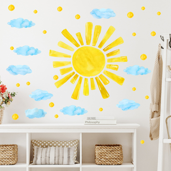 Sticker decorativ de perete pentru camera copiilor cu norii desenați și soarele; PVC, 1 bucată; pentru living, dormitor, birou; stil modern simplu