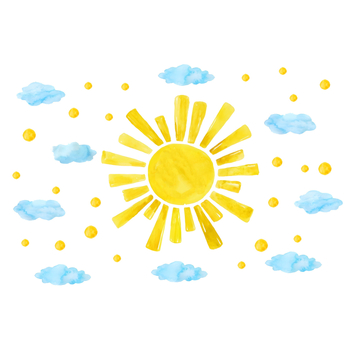 Sticker decorativ de perete pentru camera copiilor cu norii desenați și soarele; PVC, 1 bucată; pentru living, dormitor, birou; stil modern simplu