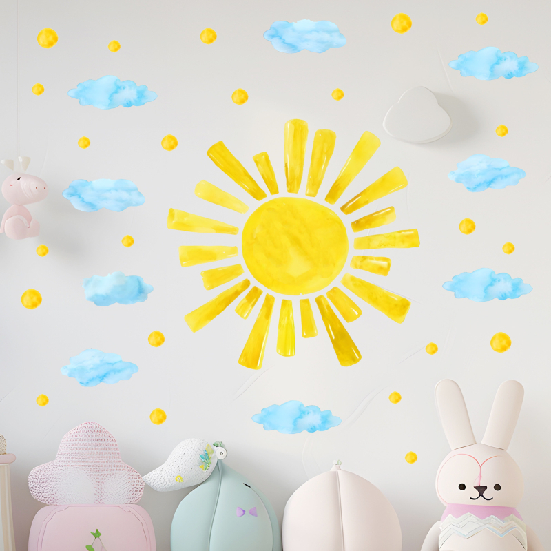 Sticker decorativ de perete pentru camera copiilor cu norii desenați și soarele; PVC, 1 bucată; pentru living, dormitor, birou; stil modern simplu