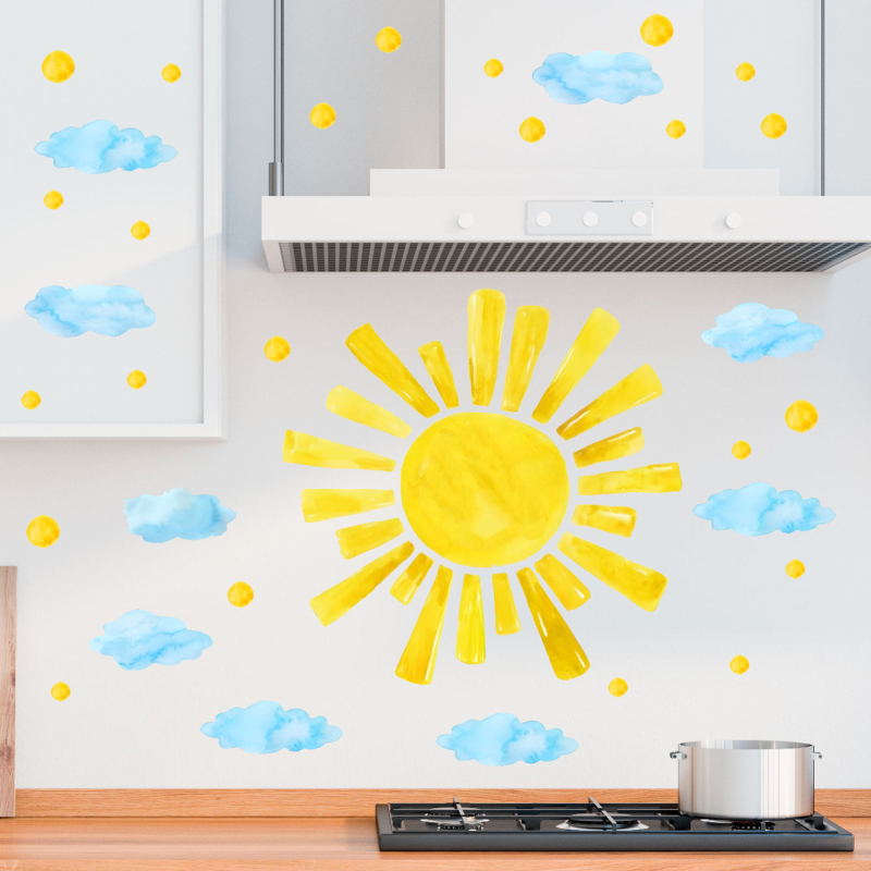 Sticker decorativ de perete pentru camera copiilor cu norii desenați și soarele; PVC, 1 bucată; pentru living, dormitor, birou; stil modern simplu