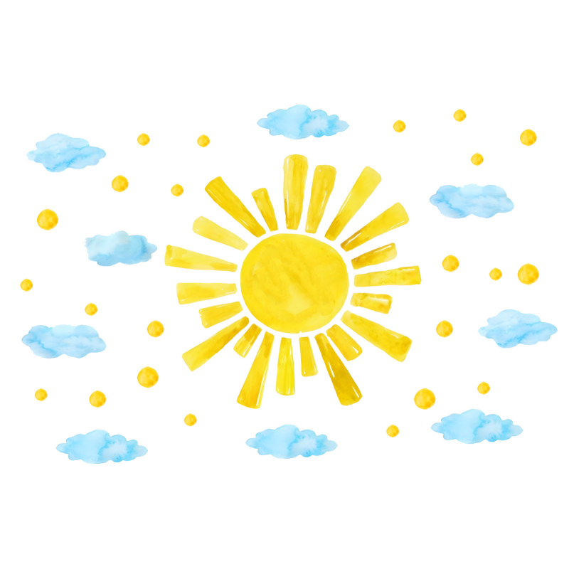 Sticker decorativ de perete pentru camera copiilor cu norii desenați și soarele; PVC, 1 bucată; pentru living, dormitor, birou; stil modern simplu