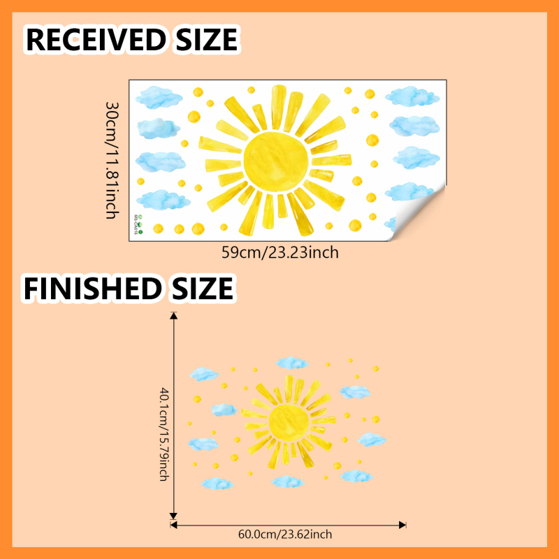 Sticker decorativ de perete pentru camera copiilor cu norii desenați și soarele; PVC, 1 bucată; pentru living, dormitor, birou; stil modern simplu