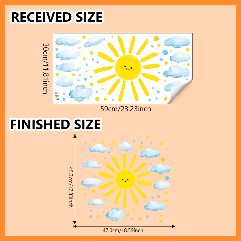 Sticker decorativ de perete pentru camera copiilor cu norii desenați și soarele; PVC, 1 bucată; pentru living, dormitor, birou; stil modern simplu
