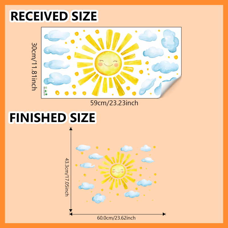Sticker decorativ de perete pentru camera copiilor cu norii desenați și soarele; PVC, 1 bucată; pentru living, dormitor, birou; stil modern simplu
