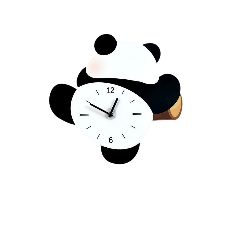 Zidni sat s panda dizajnom, tih kvarcni mehanizam, drveno kućište, analogni brojčanik s brojevima, montaža bez bušenja