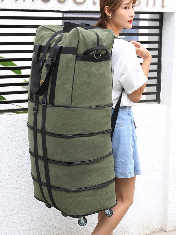 Kanvas duffel soma ar ratiem, 56–75 L ietilpība, zīmols T6, divu lietojumu dizains, elpojoša, nolietojumizturīga, ceļojumu soma