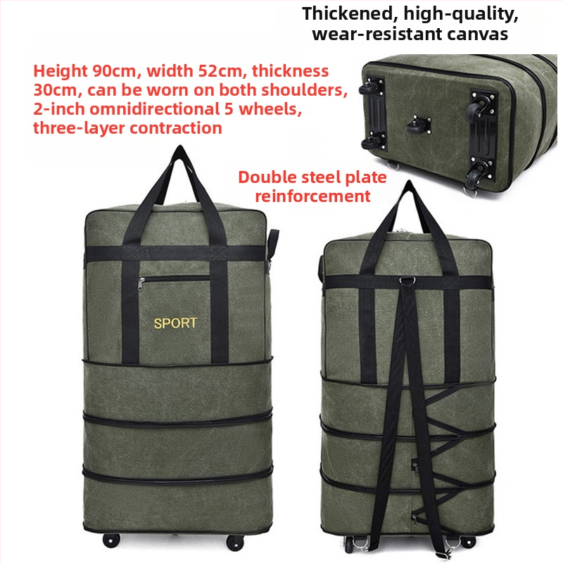 Kanvas duffel soma ar ratiem, 56–75 L ietilpība, zīmols T6, divu lietojumu dizains, elpojoša, nolietojumizturīga, ceļojumu soma